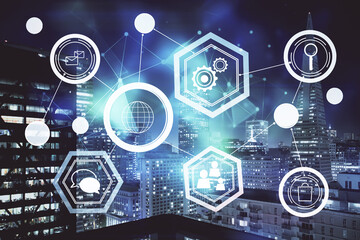 Multi exposure of social network theme drawing and cityscape background. Concept of people connecton.