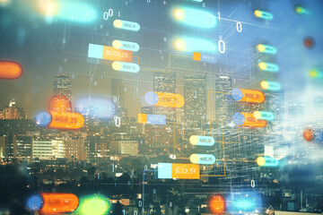 Data theme hologram drawing on city view with skyscrapers background multi exposure. Ai concept.