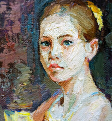 Little girl in a bright yellow tutu waiting for the performance. Palette knife technique of oil painting and brush.