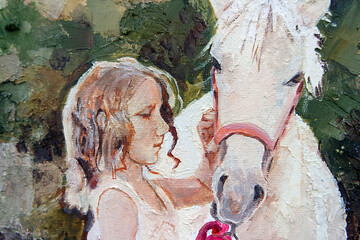 Best friends, love to animals. Little girl and her horse in the countryside. Oil painting on canvas.