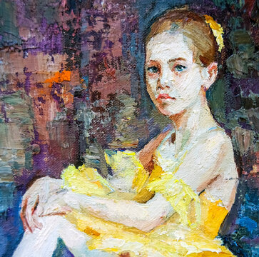 Little girl in a bright yellow tutu waiting for the performance. Palette knife technique of oil painting and brush.