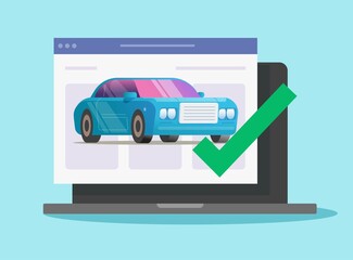 Vehicle online diagnostic check test with approved checkmark security on computer or internet car automobile protection agreement verified valid vector flat, concept of auto rent or examining purchase