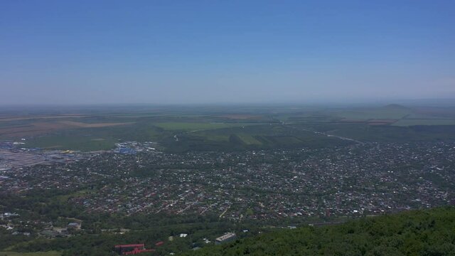 Aerial view of a beautiful view of Pyatigorsk from the top of Mashuk mountain. Summer landscape from a height of 1000 meters.