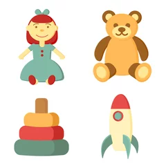 Fotobehang Kids toys icon set. Pyramid, doll, bear, rocket, children's toys flat vector illustration for you design. © Iryna