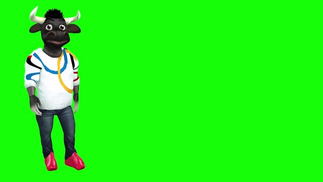 4k 3d animation of a funny cartoon Bull dressed in human clothes walking, pointing and waving, seen from two different camera angles and sets of clothes.