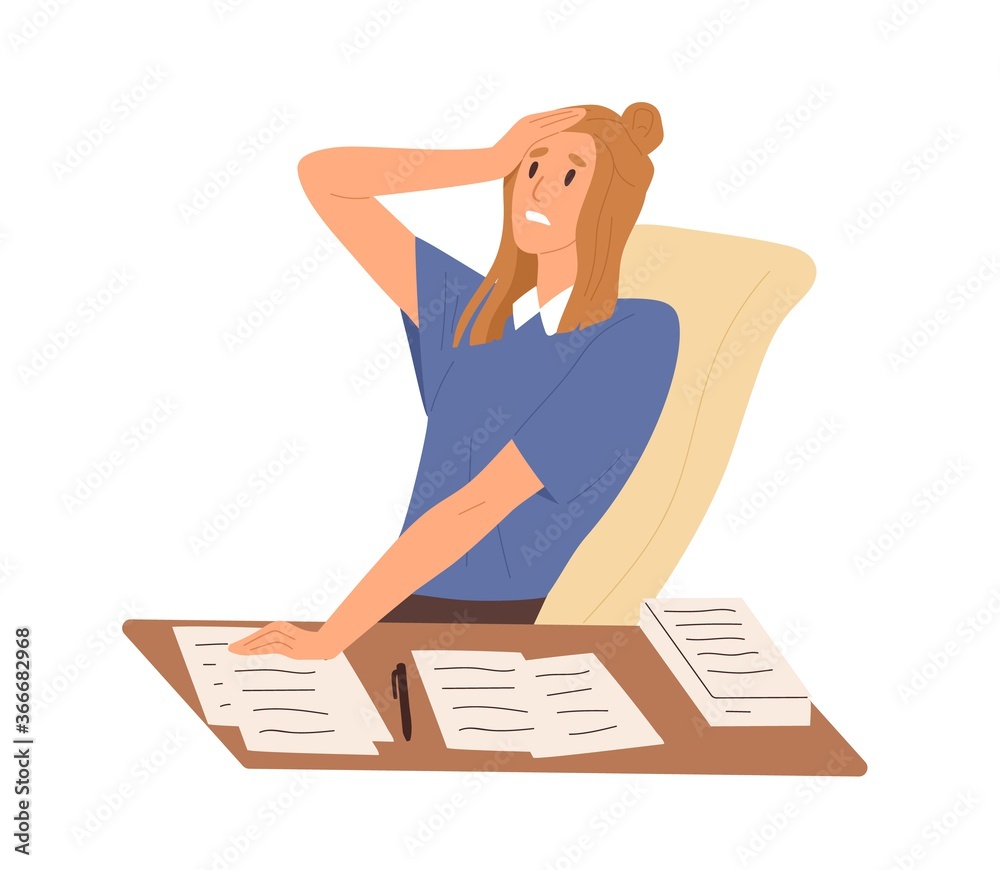 Aufkleber stressed female worried about paperwork sitting at desk vector flat illustration. frustrated woman m