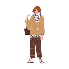 Stylish female wrapped in warm scarf standing with handbag vector flat illustration. Trendy girl demonstrate winter outfit style isolated on white. Fashion woman in jacket wear classy clothes