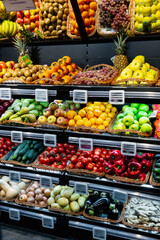 Fresh vegetables and fruits on supermarket shelves