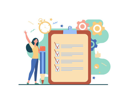Checklist or survey concepts. Woman with pencil checking boxes in task list. Vector illustration for business success, goal achievement, tasks complete topics