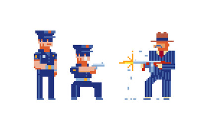Fototapeta premium Policeman character with a gun and gangster man. Pixel art 80s style. Isolated vector illustration. Game assets. 8-bit.