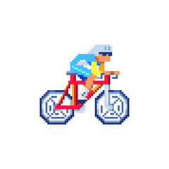 Obraz premium Bicycle man character, e-bike rider, man rides a moped, motorcyclist male character pixel art style, riding motorcycle. Concept of sport life, bikers. Design for logo, sticker, app. Isolated vector.