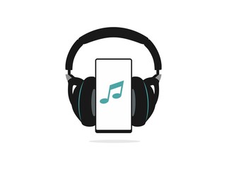 Black wireless headphones with mobile phone and green music icon, isolated on a white background. Smartphone playing music on headphones. Vector illustration of digital music technology.