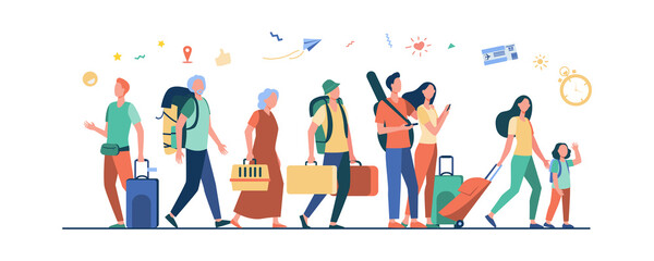 Group of tourists with suitcases and bags standing in airport. Families, elderly couples travelling with luggage. Vector illustration for trip, journey, travel, vacation concept