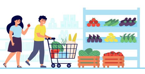 Happy customers buying food in grocery store isolated flat vector illustration. Cartoon shoppers putting fruits and vegetables in cart. Market, shopping and consumerism concept