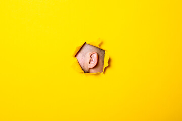 Male ear peeking out of the torn hole yellow background. Perception of sounds