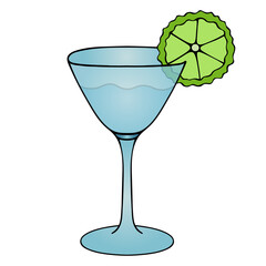 Martini with a slice of lime. Colored vector illustration. Isolated white background. Cartoon style. Refreshing cocktail. A glass with an alcoholic drink. Light aperitif. Medium-strength wine.