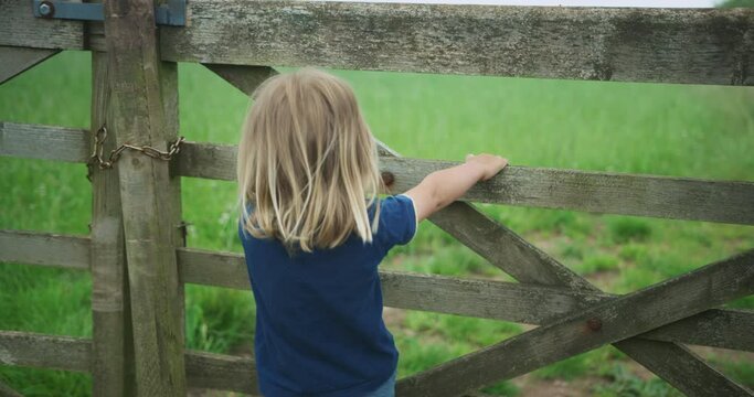 Preschooler climbing a fence in. a field