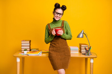 Photo of positive girl high school teacher enjoy studying courses hold mug beverage wear green...