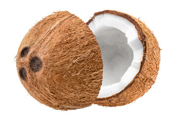 Delicious coconut broken in half, isolated on white background