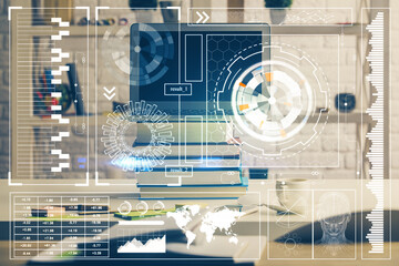 Multi exposure of desktop computer and technology theme hologram. Concept of software development.