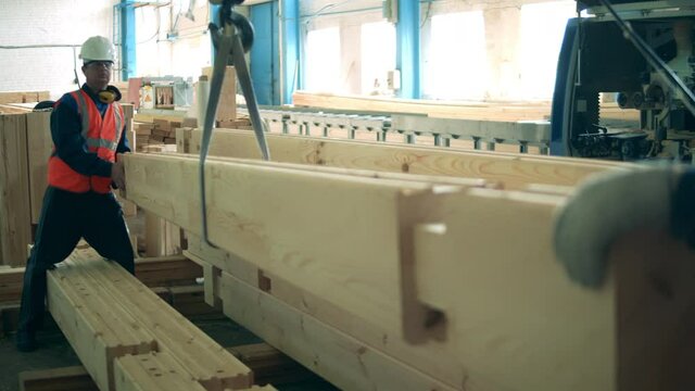 Industrial employee helps to transport a wooden balk