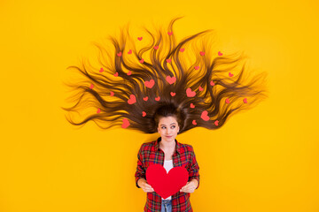 Top view above high angle flat lay flatlay lie concept of attractive minded pensive long-haired girl many hearts curl choosing partner match isolated bright vivid shine vibrant yellow color background