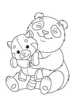 Panda hugs toy red panda Coloring Page