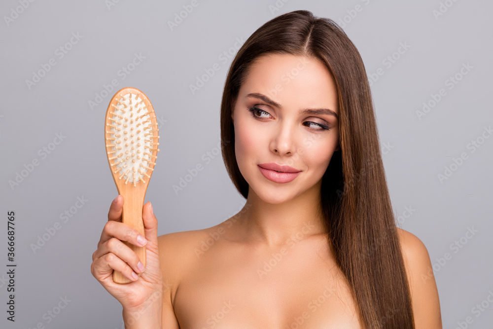 Poster hmm interesting spa salon procedure mask... thoughtful girl look comb think haircut anti dander loti