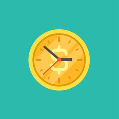 Gold coin clock with dollar sign. Flat icon isolated on powder blue.