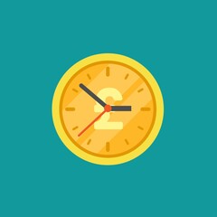 Gold coin clock with pound sterling sign. Flat icon isolated on powder blue.