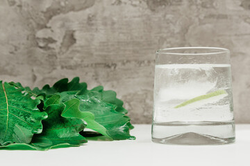 A glass of cold drink with a slice of lime on the ice on a white table, green oak leaves next to the glass, a gray concrete wall in the background, close-up.