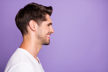 Close-up profile side view portrait of his he nice attractive content cheerful cheery guy modern...