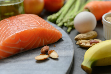 Ketogenic diet concept : Background photo of many raw fresh food ingredients for ketogenic diet program with high protein and fat without carbohydrate.