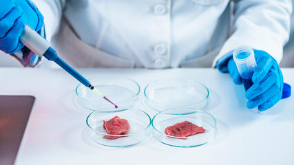 Scientist Dropping Growth Serum with Micropipette on Meat Sample in a Petri Dish