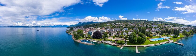 Aerial view of Evian (Evian-Les-Bains) city in Haute-Savoie in France - obrazy, fototapety, plakaty