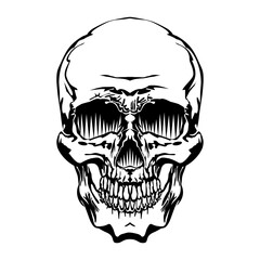 The Human skull. Stylish cartoon & tattoo. Monochrome image. In contrast black & white. Material for design, concept art. Halloween theme, danger and immortality.Vector Isolated image & illustration.