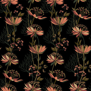 Floral vector pattern with weaving ornament of astrantia flowers and branches with berries