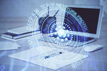 Double exposure of computer and technology theme drawing. Concept of innovation.