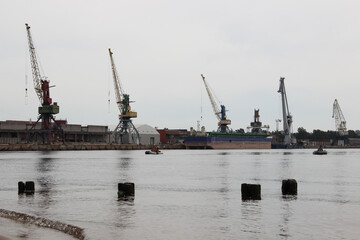 Fototapeta premium Port terminal. Heavy lifting cranes stand in a row.