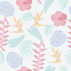  Tropical jungle leaves and flowers pattern texture.