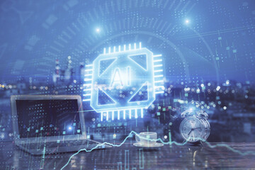 Multi exposure of computer on background and technology theme drawing. Concept of innovation.