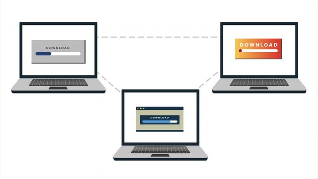 4k illustration with three laptops connected to a standard network protocol.