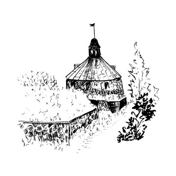 Landscape with sketch style. Ancient building. Korela fortress, Priozersk Russia