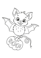 Cute Halloween bat with pumpkin Coloring Page. Black and white cartoon illustration