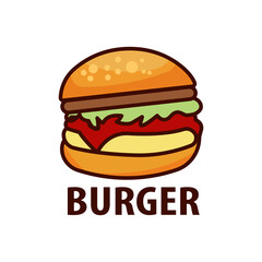Delicious burger flat icon and lettering inscription. Design template vector