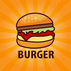 Burger fast food meal advertising poster with rays and lettering inscription. Delicious hamburger or cheeseburger promotional banner design temp. Design template vector