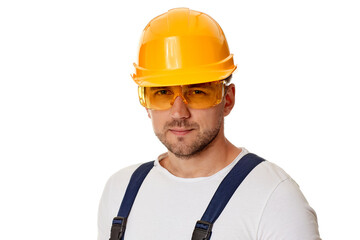 portrait of caucasian man construction worker in yellow helmet isolated on white studio background