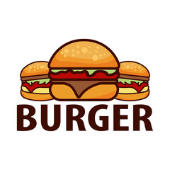 Delicious burger flat icon and lettering inscription. Design template vector