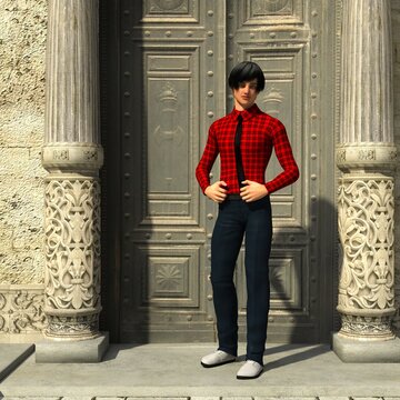 one young guy with black hair in a shirt. He stands against the background of an ancient wooden castle door and poses