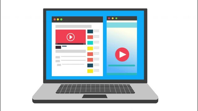 Laptop with icons on display isolated in 4k cartoon.